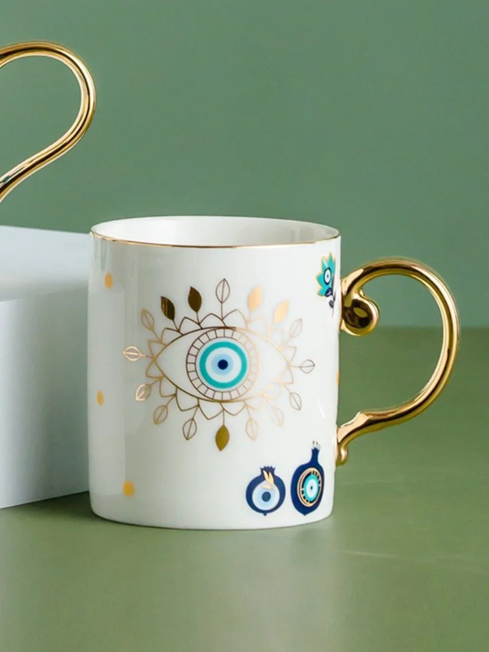 Evil Eye Ceramic Coffee Mug with Gold Handle, Nazar Blue Eye Mug, Hamsa Mug